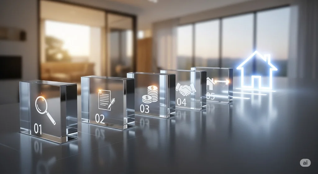 Ablauf und Vorgehensweise: Eine Reihe von gläsernen Blöcken mit Symbolen wie Suche, Finanzen, Unterlagen und Handschlag führt zu einem beleuchteten Haus. Das Bild stellt unseren klaren Prozess für den Immobilienkauf in Ahlen und der Region dar.