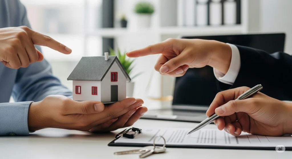 Professionelle Immobilienberatung in Ahlen: Ein Makler präsentiert einem Paar auf einem Tablet transparente Immobiliendaten. Das Bild symbolisiert unser Engagement für umfassende und ehrliche Dienstleistungen.