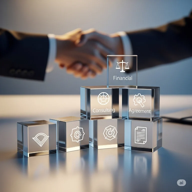 Unsere Leistungen und Konditionen in Ahlen: Eine Pyramide aus Glasblöcken mit Symbolen für Finanzen, Beratung und Verträge vor dem Hintergrund eines Handschlags. Das Bild steht für unsere transparenten und vertrauenswürdigen Dienstleistungen.