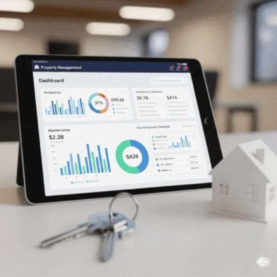 Professionelle Mietverwaltung: Tablet-Dashboard mit Analysen für maximale Rendite und minimalen Aufwand bei der Immobilienverwaltung in Ahlen, Münster und Umgebung.