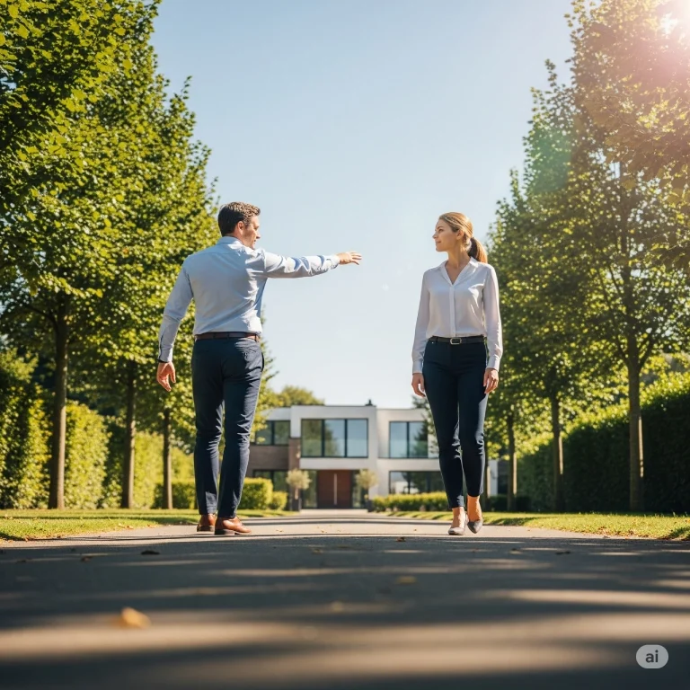 Schritt-für-Schritt-Begleitung: Immobilienmakler führt eine Frau auf dem Weg zu seinem Traumhaus in Ahlen und Umgebung, symbolisierend den persönlichen Wegweiser und die professionelle Unterstützung.