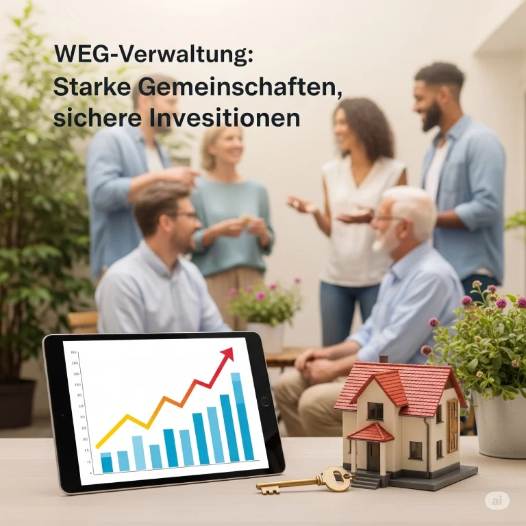 WEG-Verwaltung: Starke Gemeinschaften und sichere Investitionen. Eine Gruppe von Wohnungseigentümern bespricht die Verwaltung ihrer Immobilie in Ahlen, Münster und der Umgebung.
